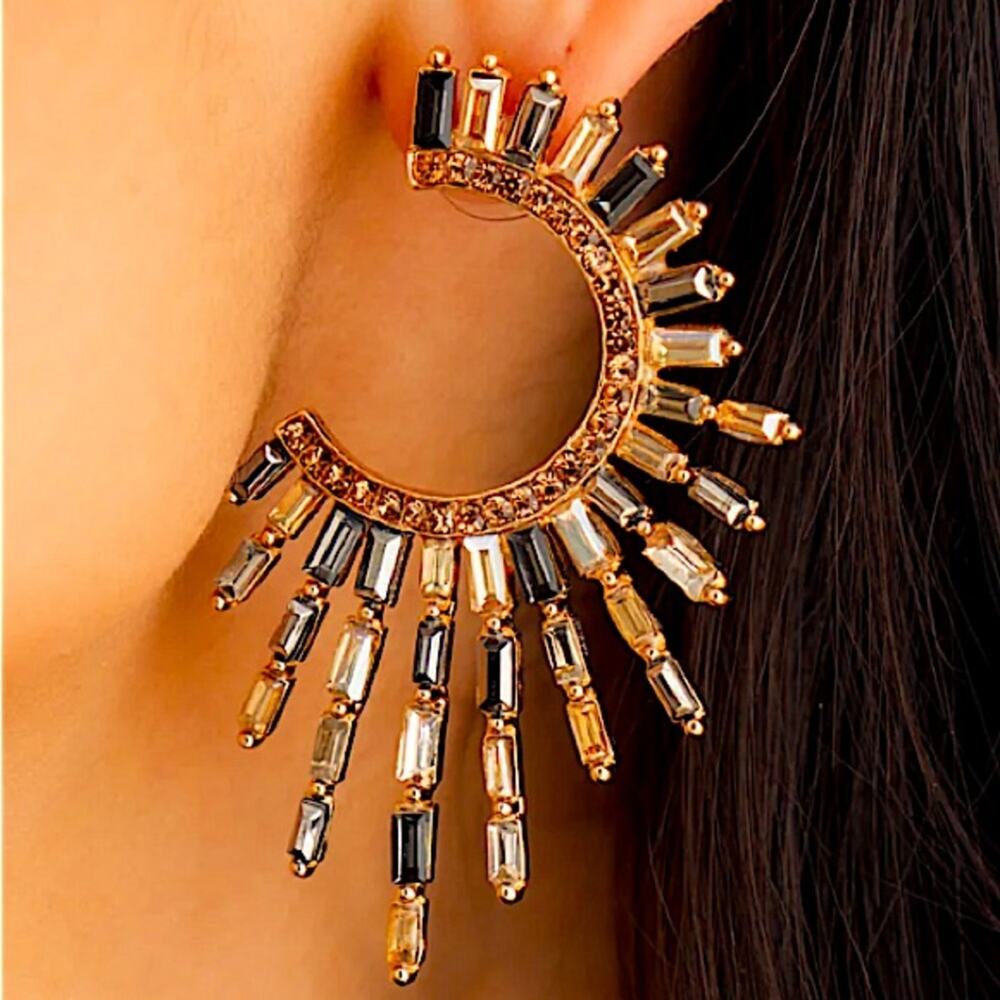 Gold Zircon Celestial Statement Earrings Abstract Geometric